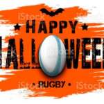 Halloween pattern. Happy halloween and rugby ball. Bowling logo template design. Design pattern for banner, poster, greeting card, flyer, party invitation. Vector illustration